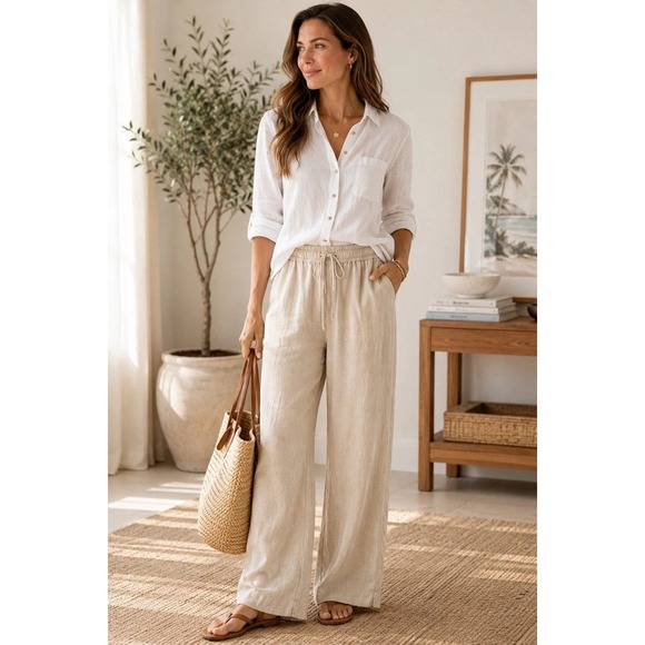 Tommy Bahama Pants - Tommy Bahama 100% Linen Drawstring Wide Leg Pants Women Small Beige